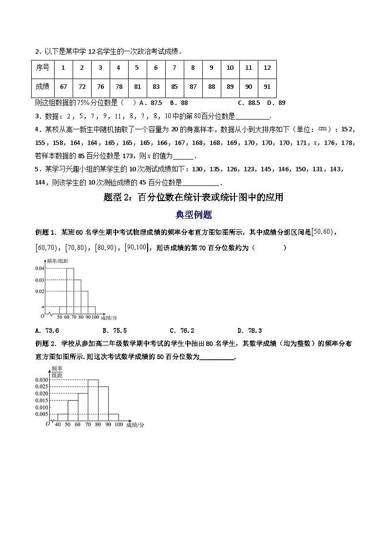 （人教A版）必修第二册高一数学下学期同步精讲精练9.2.2 总体百分位数的估计（精讲）（原卷版）第3页