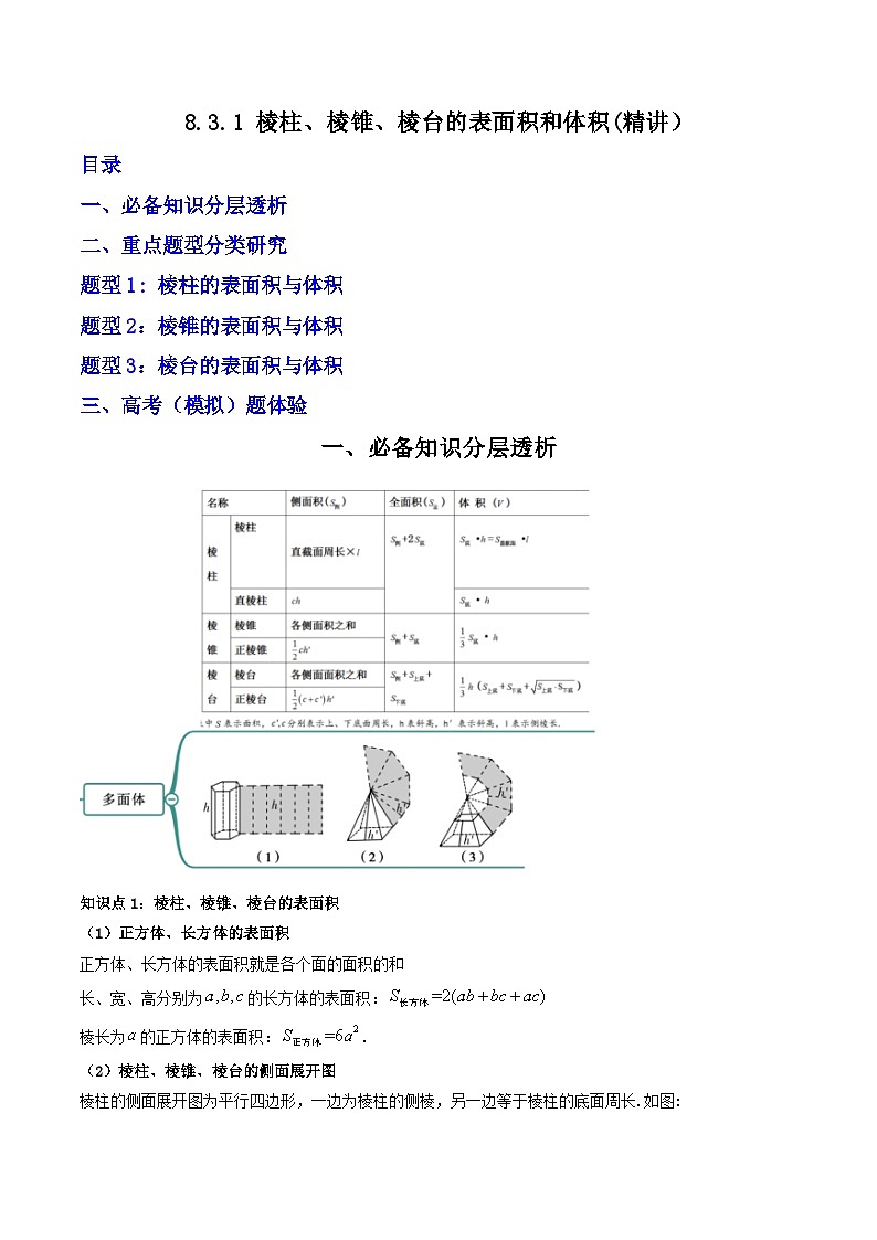 （人教A版）必修第二册高一数学下学期同步精讲精练8.3.1棱柱、棱锥、棱台的表面积和体积(精讲）（解析版）第1页