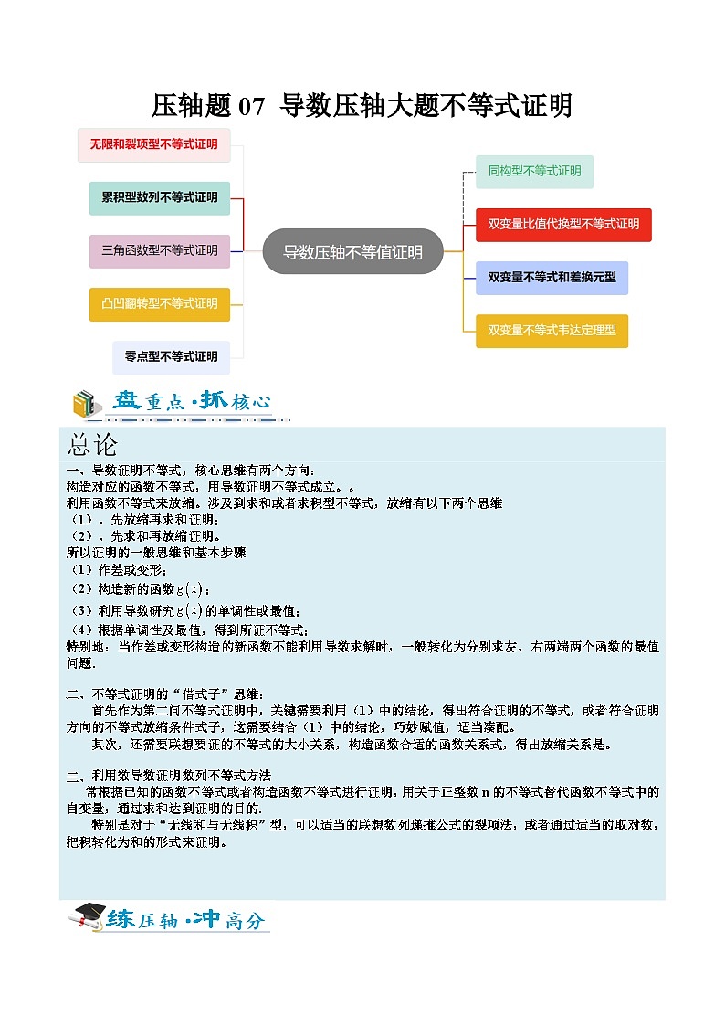 2026年高考数学压轴专项训练压轴题07导数压轴大题不等式证明（解析版）第1页