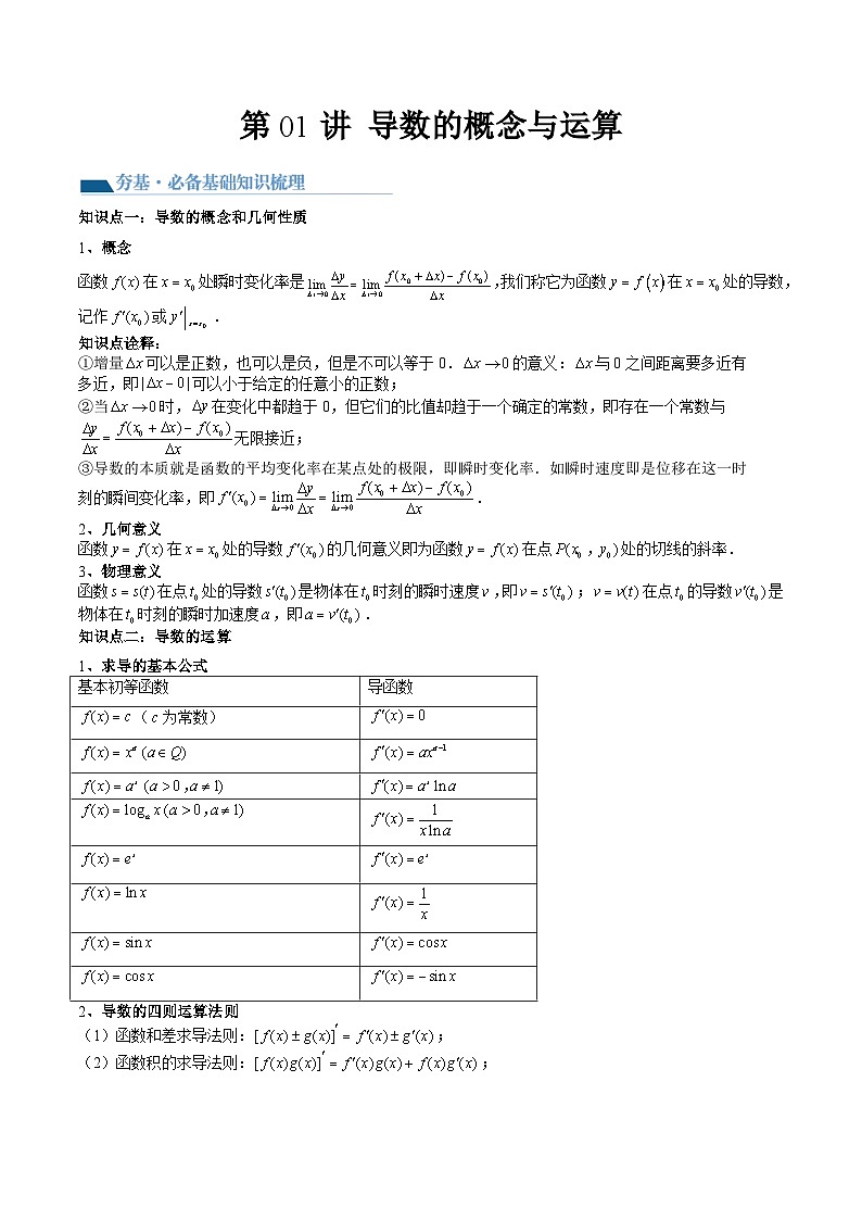 2026年高考数学一轮复习考点训练 导数的概念与运算讲义+真题模拟卷练习（原卷版）第1页