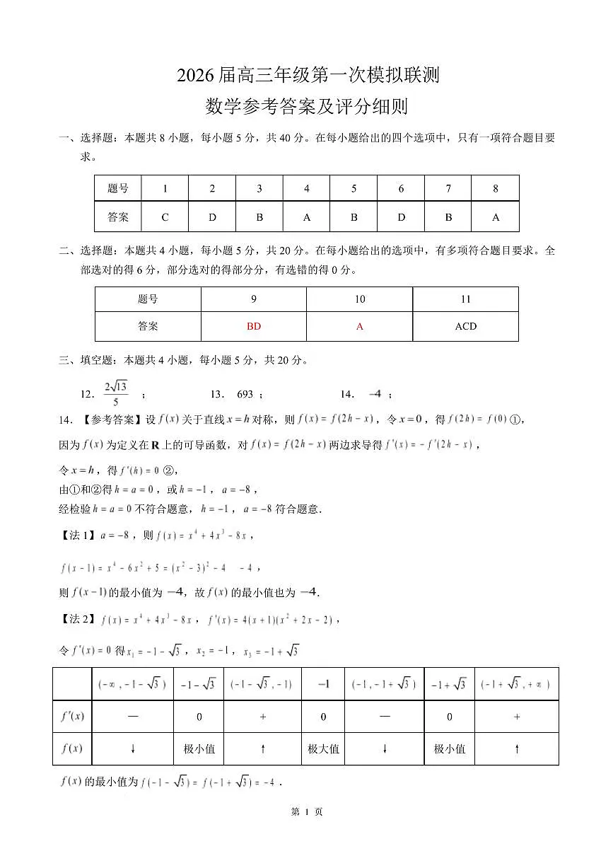 2026届深圳市高三年级第一次模拟联测试卷(数学) 2026届深圳市高三年级第一次模拟联测试卷(数学答案)第1页