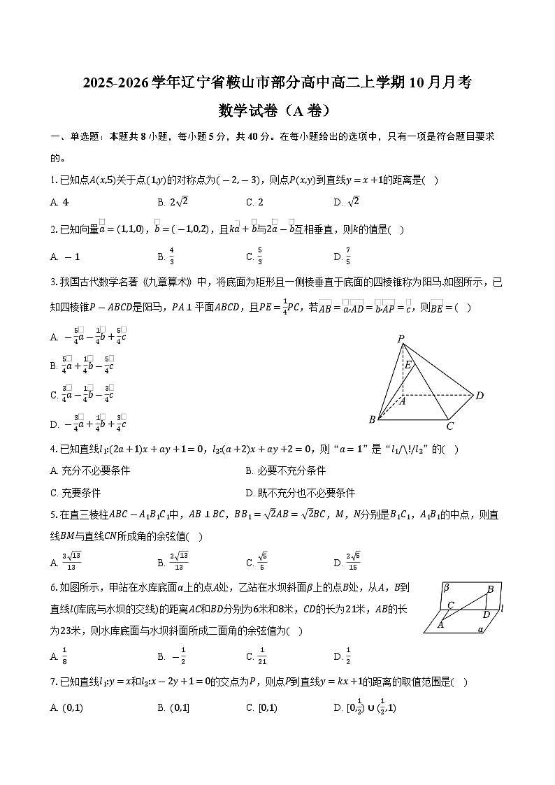 2025-2026学年辽宁省鞍山市部分高中高二上学期10月月考数学试卷（A卷）（含答案）第1页