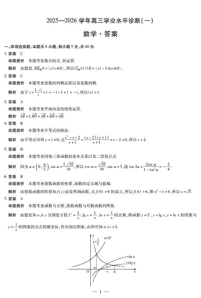 海南省2025—2026学年高三学业水平诊断（一）数学答案第1页