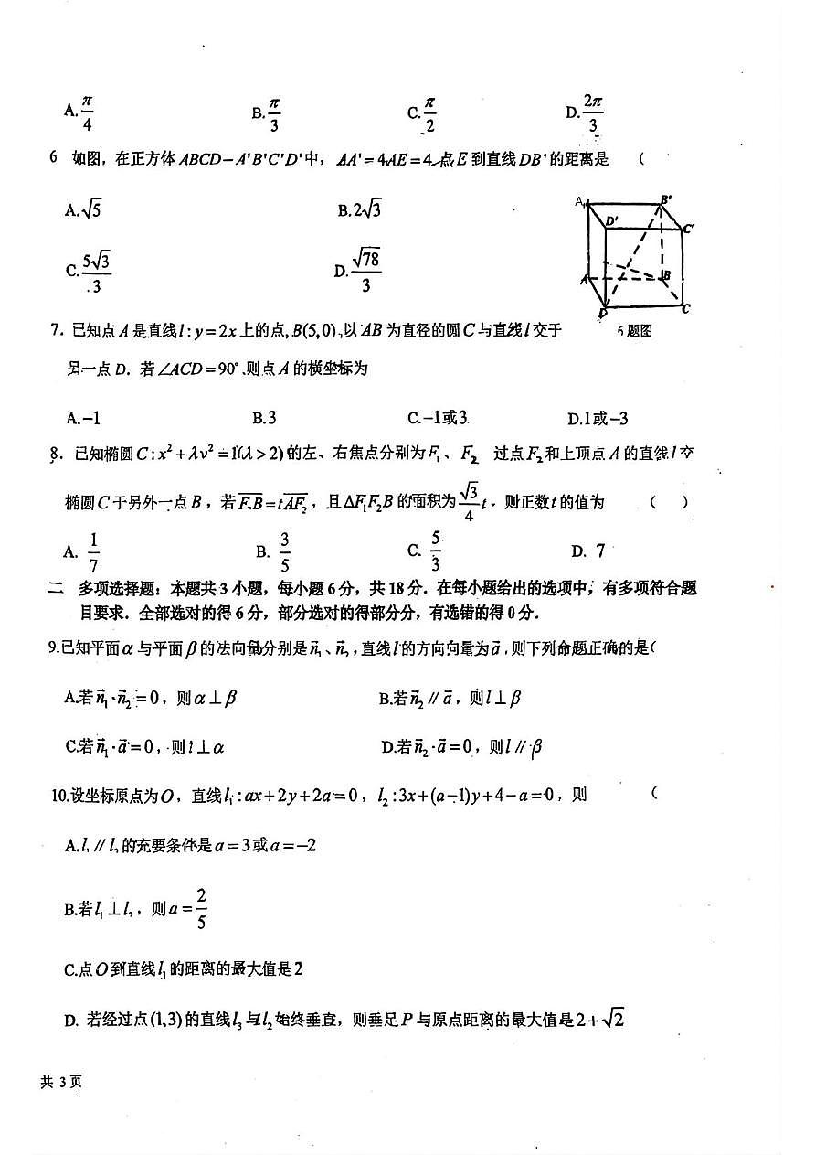 东北师范大学附属中学2025-2026学年高二上学期11月期中考试数学试题第2页