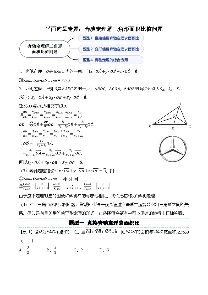（人教A版）必修二高一数学下学期期末复习训练平面向量专题：奔驰定理解三角形面积比值问题（原卷版）第1页