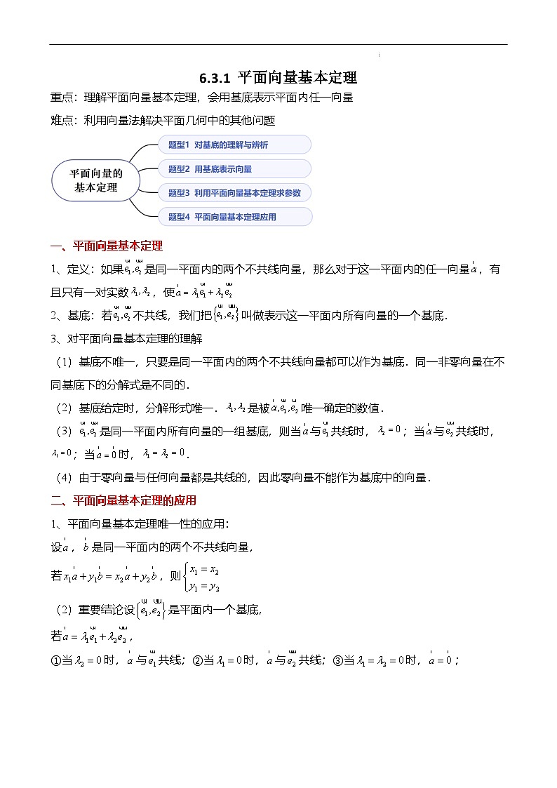 （人教A版）必修二高一数学下学期同步考点讲与练6.3.1 平面向量基本定理（解析版）第1页
