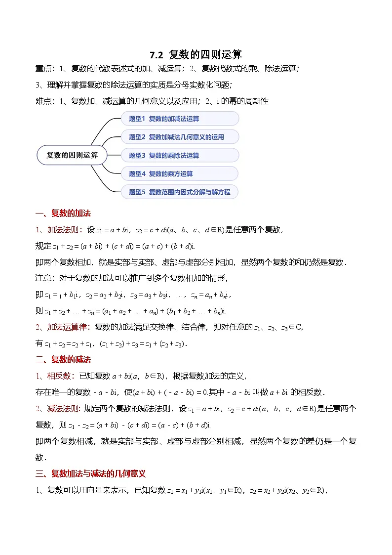 （人教A版）必修二高一数学下学期同步考点讲与练7.2 复数的四则运算（解析版）第1页