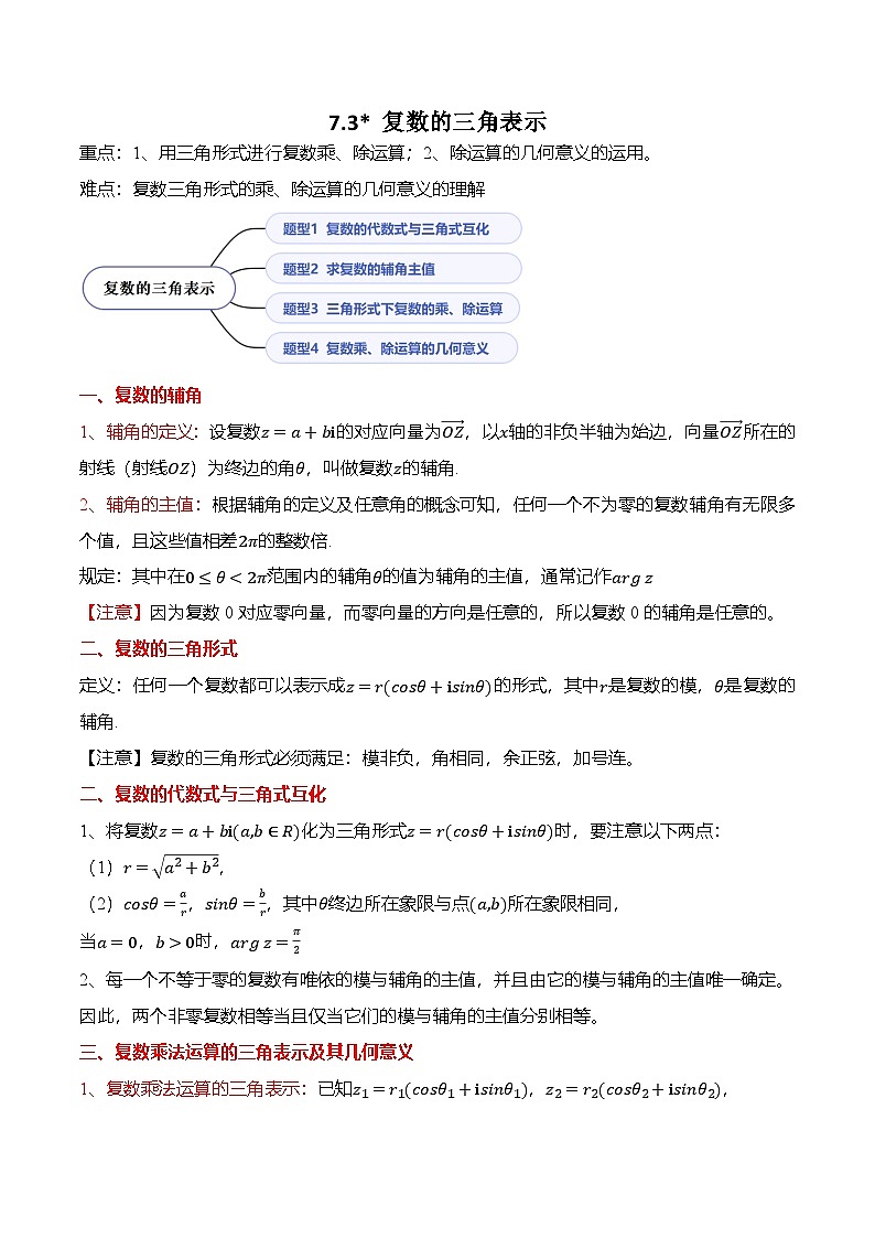 （人教A版）必修二高一数学下学期同步考点讲与练7.3 复数的三角表示（原卷版）第1页