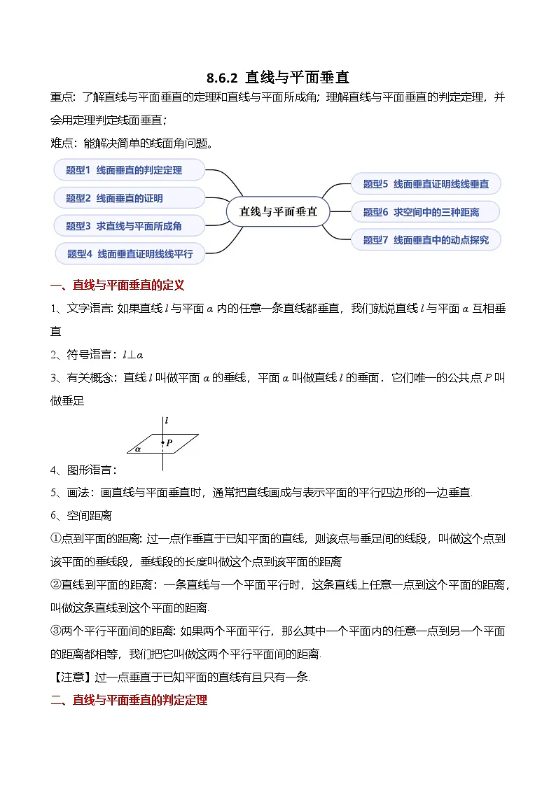 （人教A版）必修二高一数学下学期同步考点讲与练8.6.2 直线与平面垂直（解析版）第1页