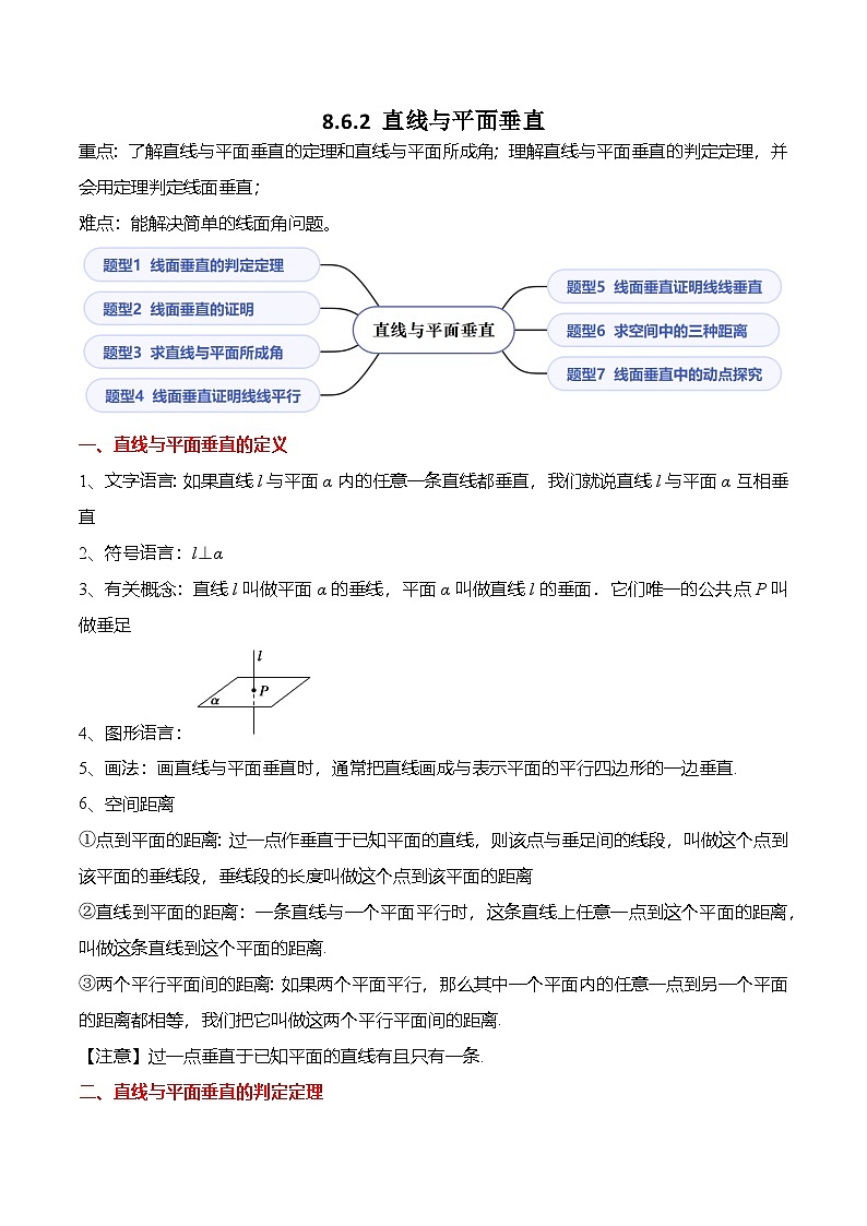 （人教A版）必修二高一数学下学期同步考点讲与练8.6.2 直线与平面垂直（原卷版）第1页
