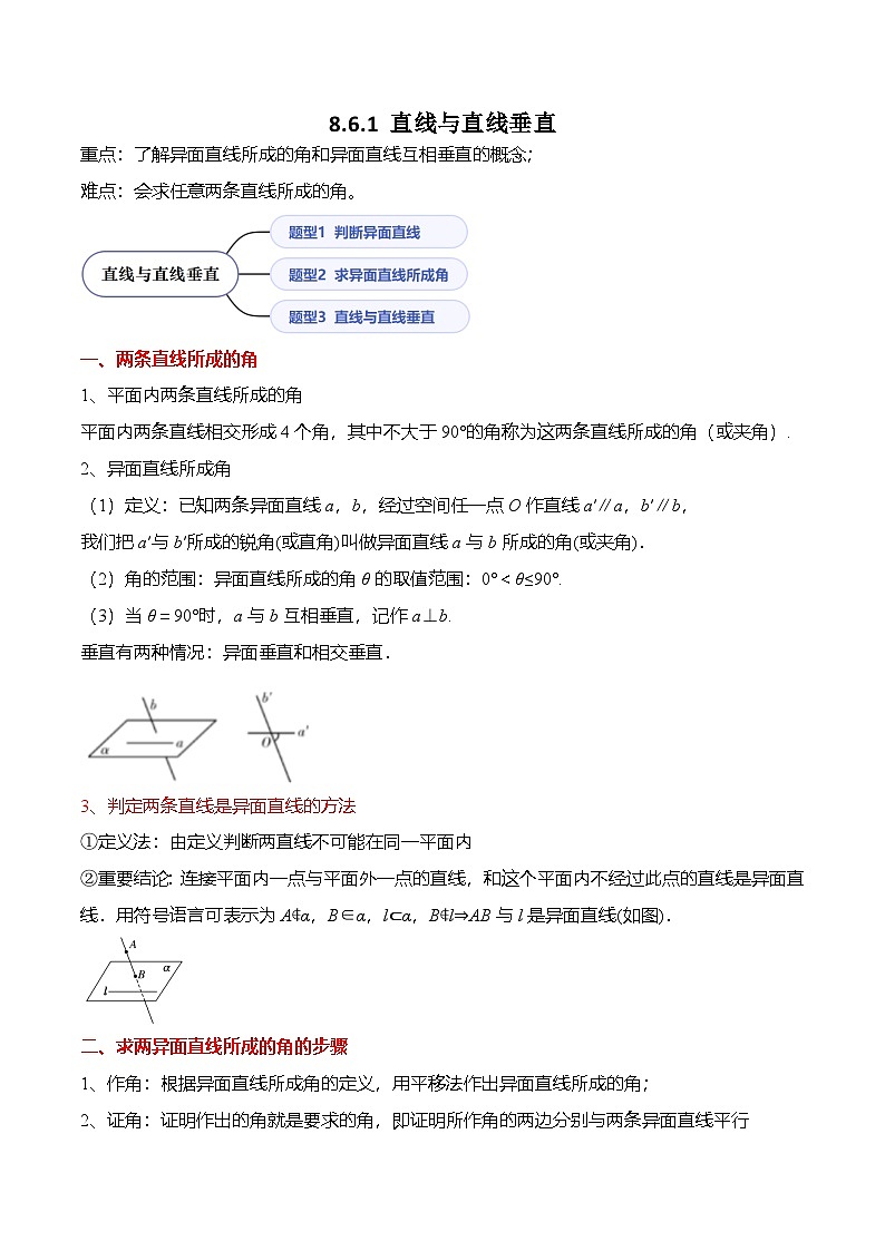 （人教A版）必修二高一数学下学期同步考点讲与练8.6.1 直线与直线垂直（解析版）第1页