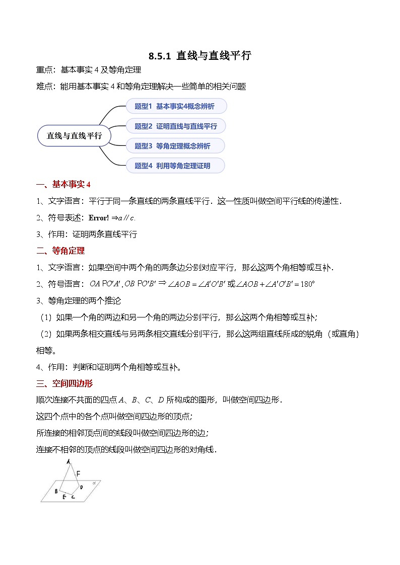 （人教A版）必修二高一数学下学期同步考点讲与练8.5.1 直线与直线平行（原卷版）第1页