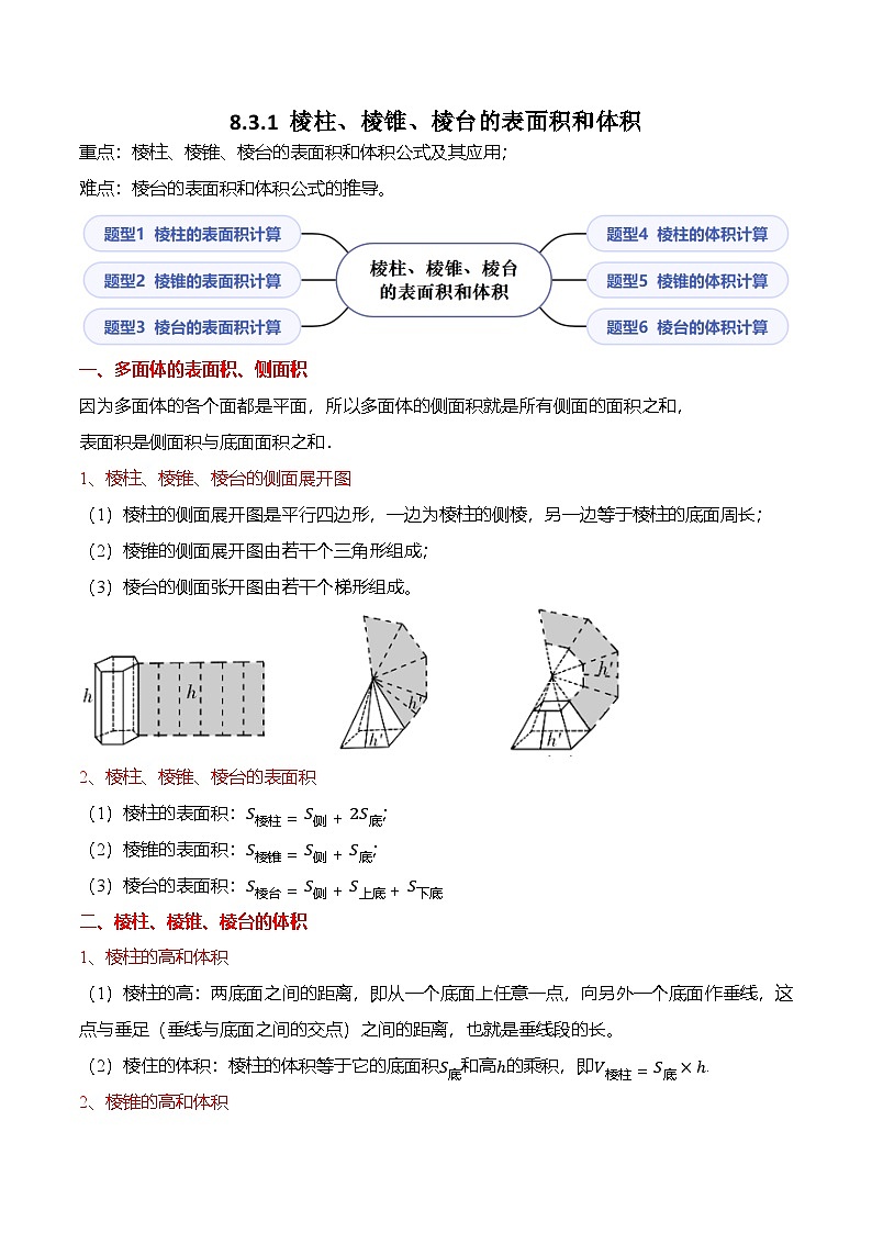 （人教A版）必修二高一数学下学期同步考点讲与练8.3.1 棱柱、棱锥、棱台的表面积和体积（原卷版）第1页