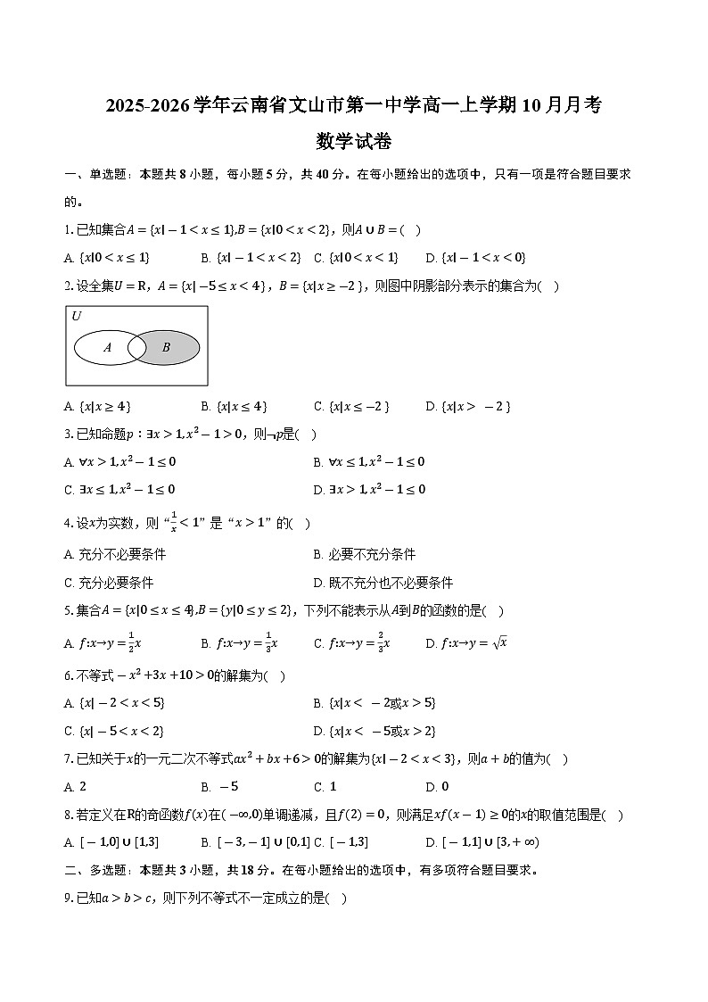 2025-2026学年云南省文山壮族苗族自治州文山市第一中学高一上学期10月月考数学试卷（含答案）第1页