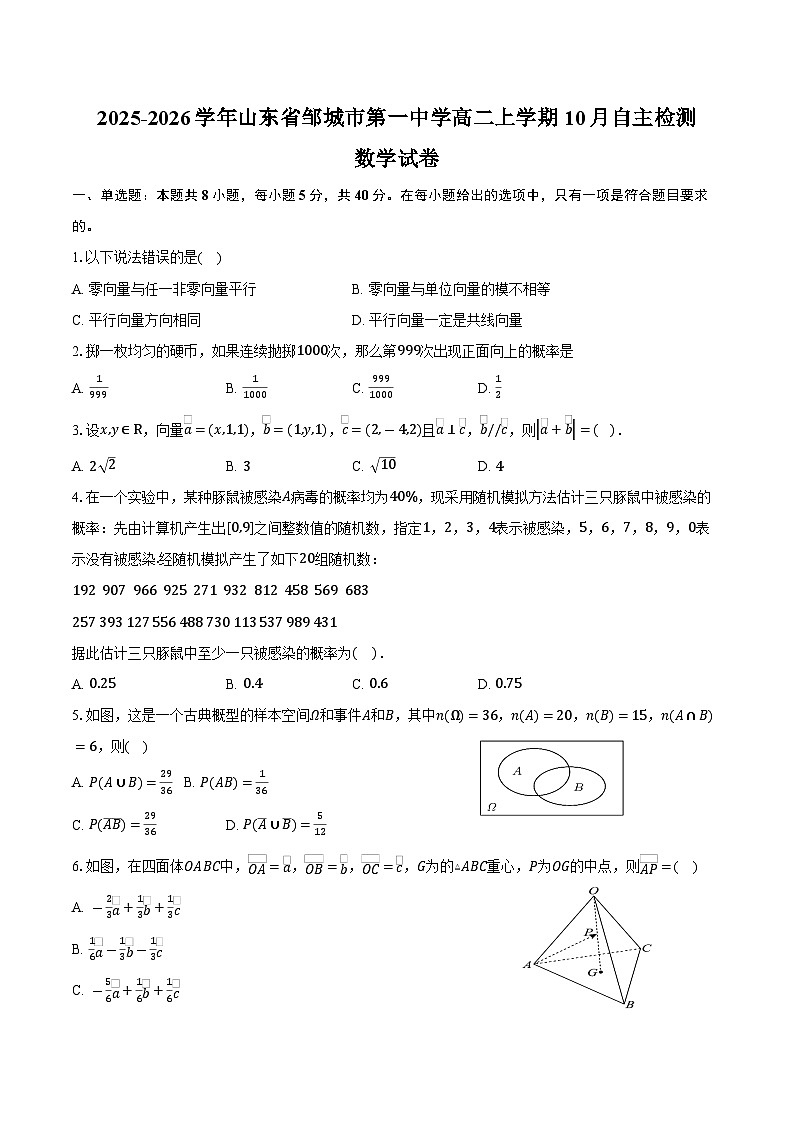 2025-2026学年山东省邹城市第一中学高二上学期10月自主检测数学试卷（含答案）第1页