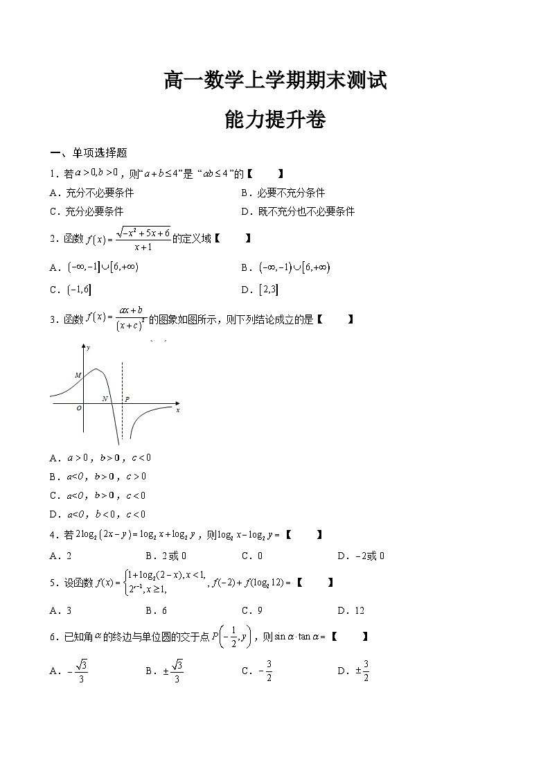 （人教A版）必修一高一数学上学期期末模拟测试卷02（能力提升卷）（原卷版）第1页