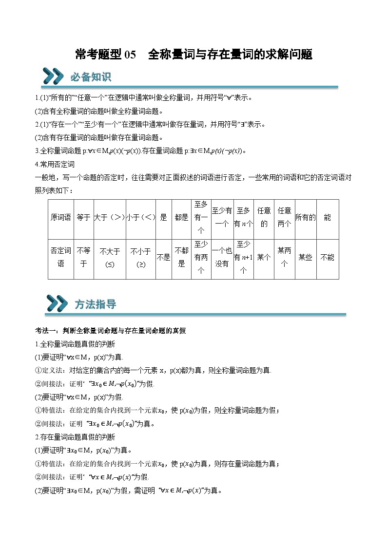 （人教A版）必修一高一数学上学期期末考点训练常考题型05  全称量词与存在量词的求解问题（原卷版）第1页
