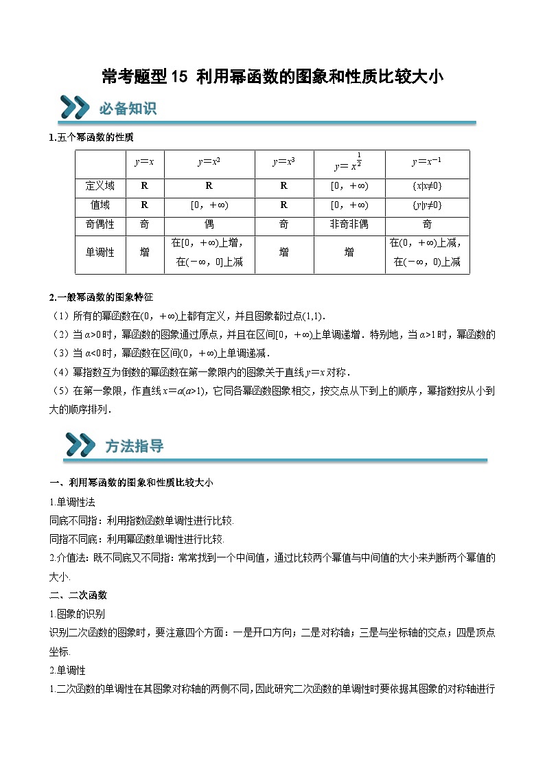 （人教A版）必修一高一数学上学期期末考点训练常考题型15 利用幂函数的图象和性质比较大小（原卷版）第1页