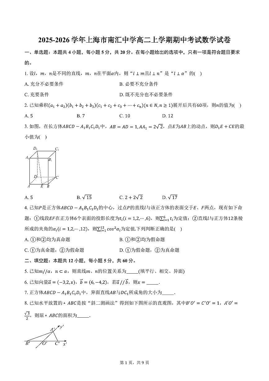 2025-2026学年上海市南汇中学高二上学期期中考试数学试卷（含答案）第1页