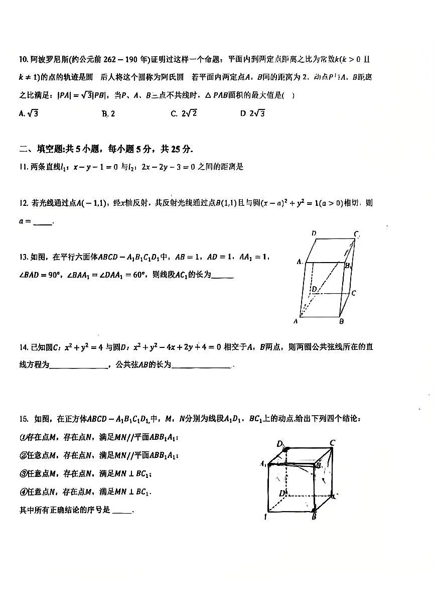2025北京顺义一中高二（上）期中数学试卷第2页
