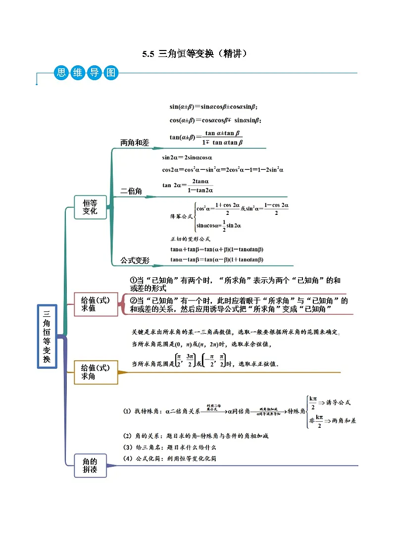 （人教A版）必修一高一数学上学期同步考点讲练5.5 三角恒等变换（原卷版）第1页