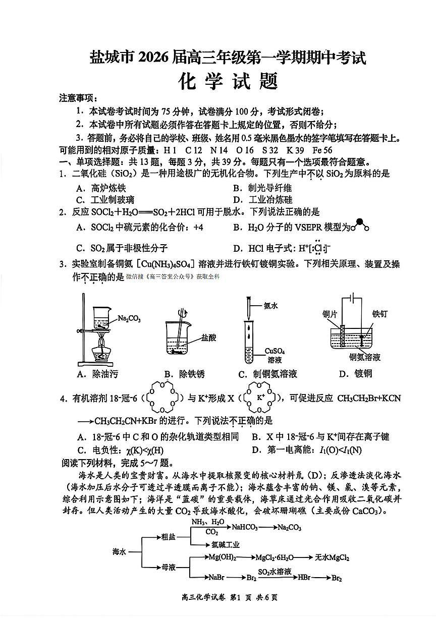 2025年盐城高三年级上学期期中数学化学试题无答案第1页