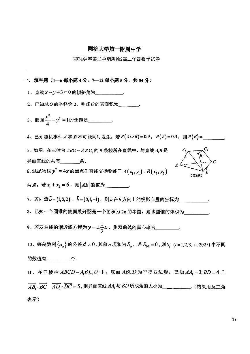 上海市同济大学第一附属中学2024-2025学年高二下学期5月月考数学试卷第1页