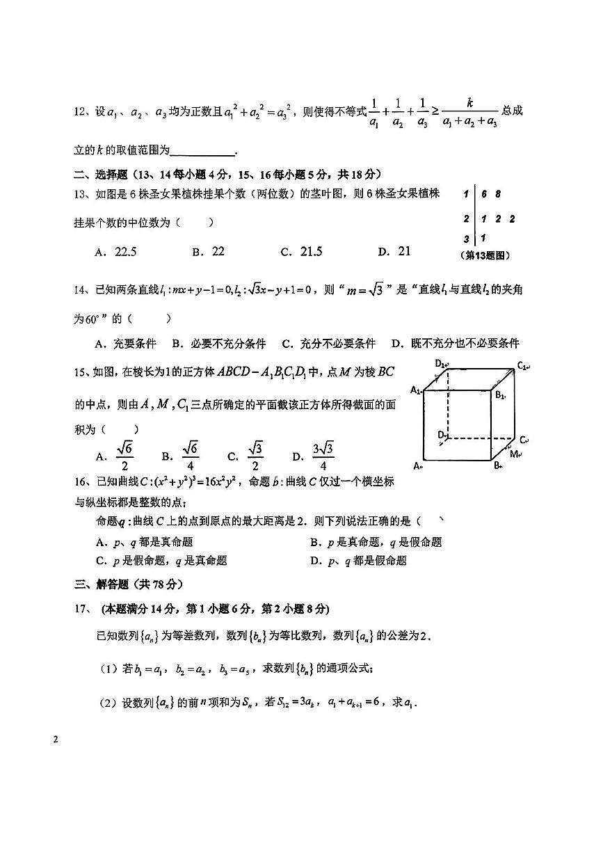 上海市同济大学第一附属中学2024-2025学年高二下学期5月月考数学试卷第2页