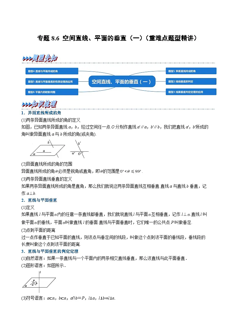 （人教A版）必修二高一数学高一下学期同步考点讲练专题8.6 空间直线、平面的垂直（一）（原卷版）第1页