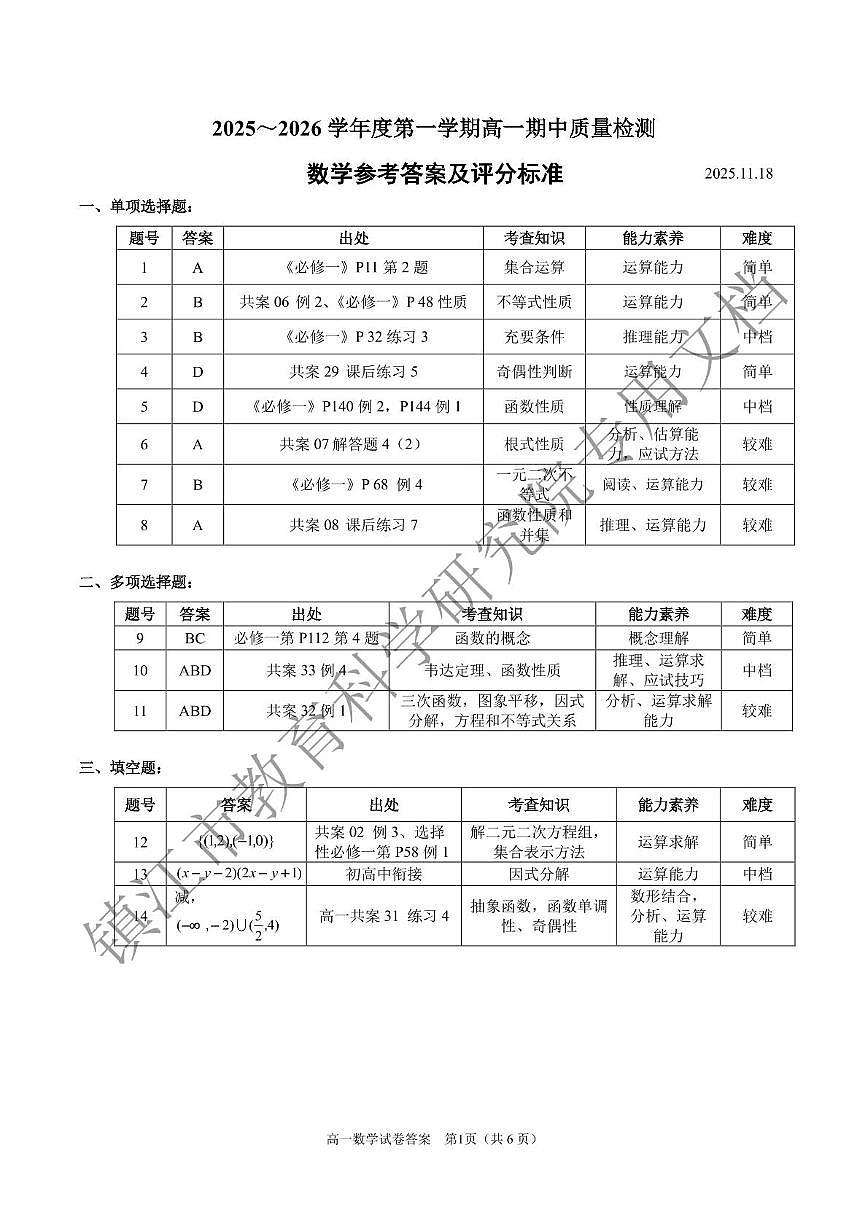 江苏镇江2025-2026学年高一上学期11月期中数学答案第1页