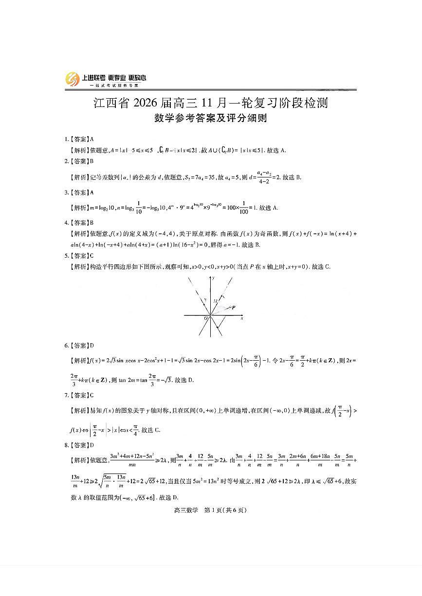 数学答案- 江西省2026届上进稳派联考高三11月一轮复习阶段检测第1页