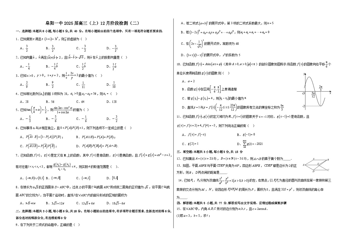安徽省阜阳第一中学2025届高三上学期12月阶段检测（二）数学试题第1页