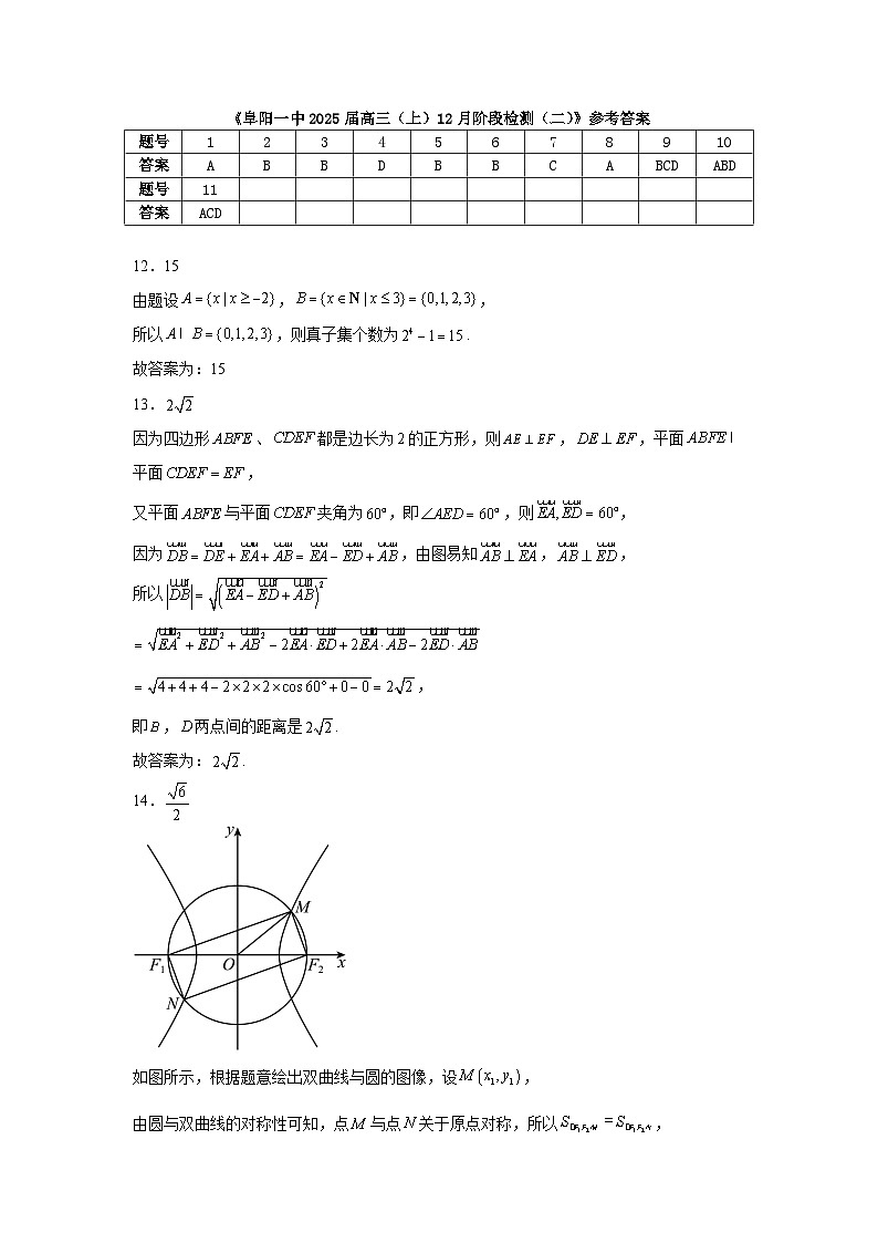 安徽省阜阳第一中学2025届高三上学期12月阶段检测（二）数学试题第3页