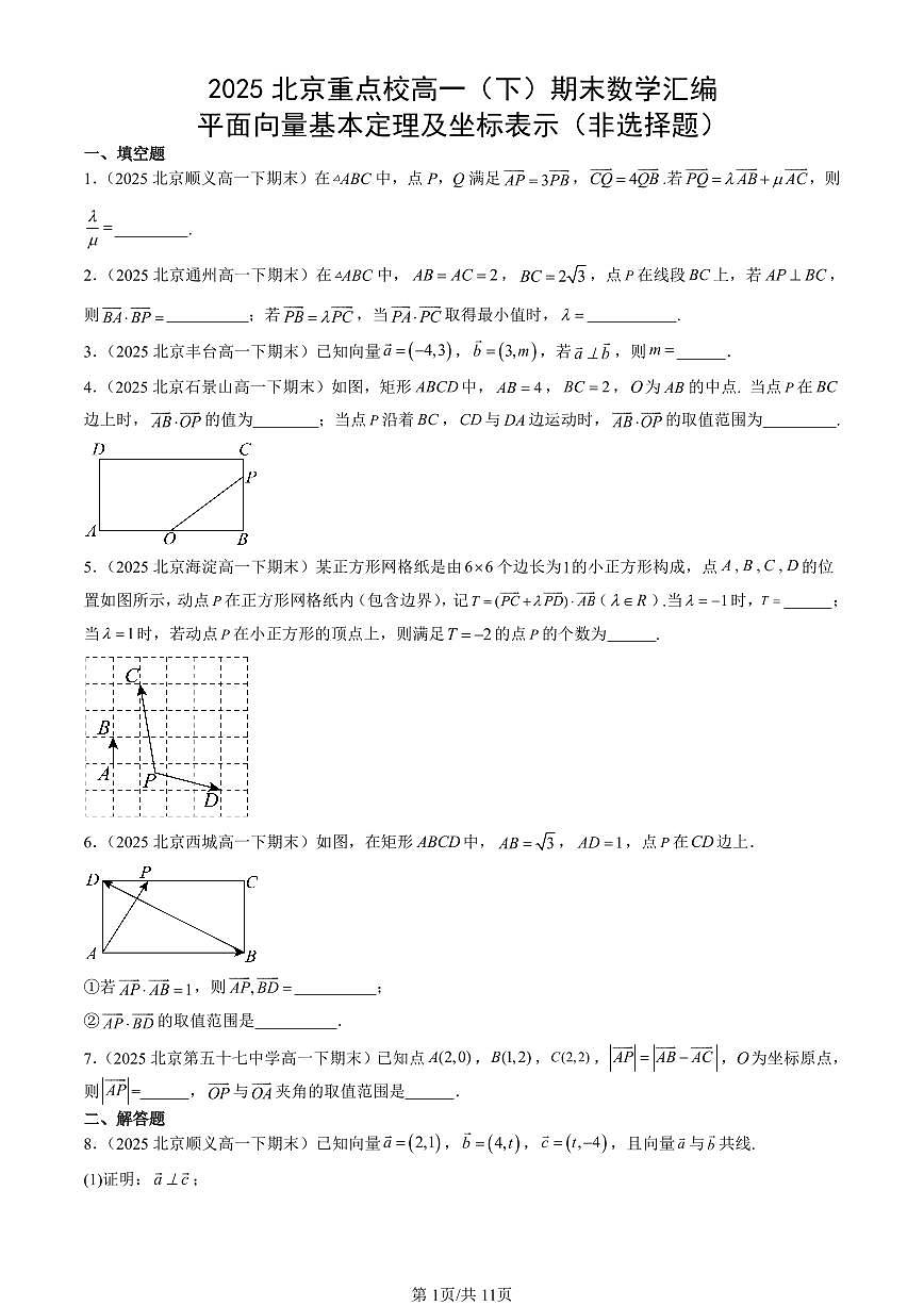 2025北京重点校高一（下）期末数学汇编：平面向量基本定理及坐标表示（非选择题）第1页