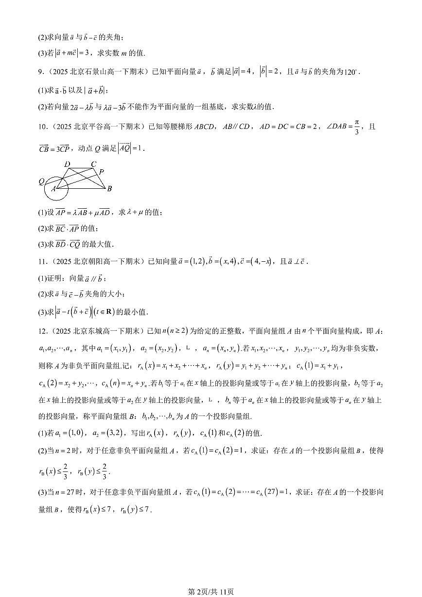 2025北京重点校高一（下）期末数学汇编：平面向量基本定理及坐标表示（非选择题）第2页