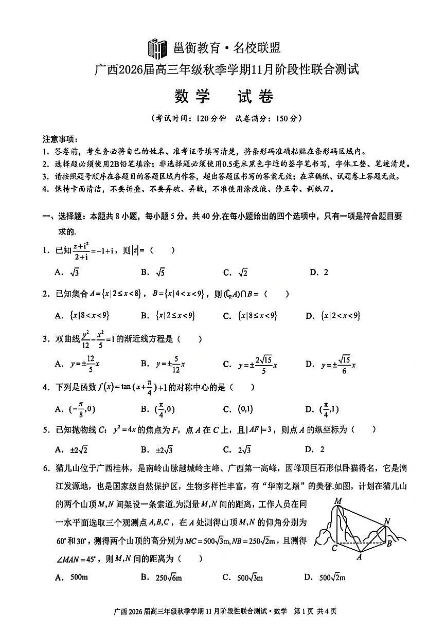 广西邕衡教育2026届高三上学期11月阶段联测数学试卷+答案第1页