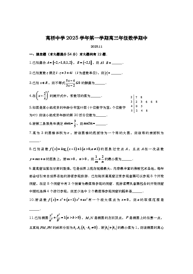 上海市高桥中学2025-2026学年高三上学期期中考试数学试卷第1页