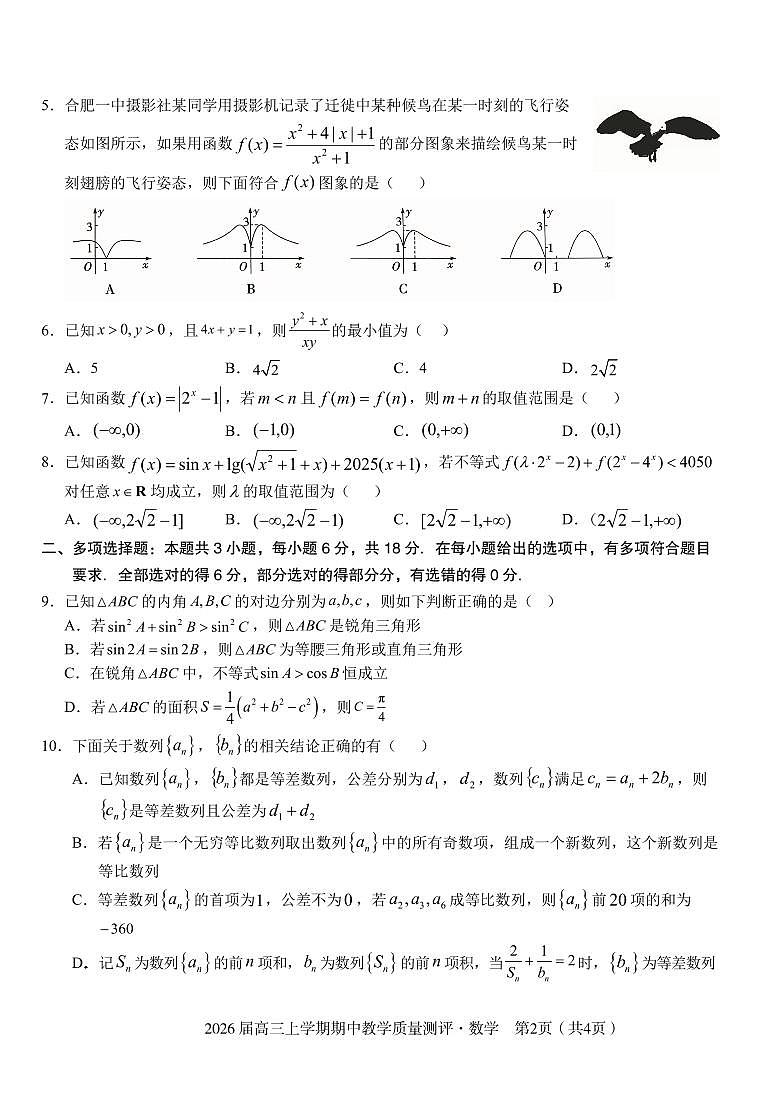 安徽省合肥市2026届高三数学上学期期中测试pdf含解析第2页