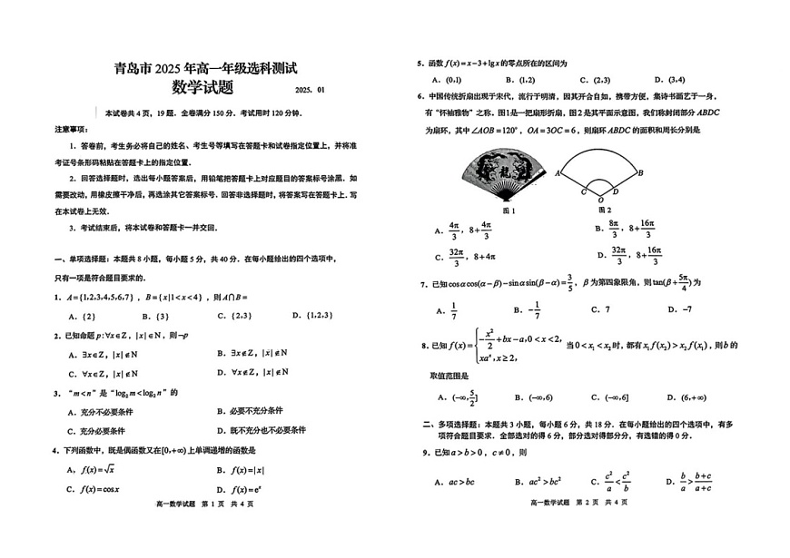山东省青岛市2024-2025学年高一上学期期末选科测试数学试卷第1页