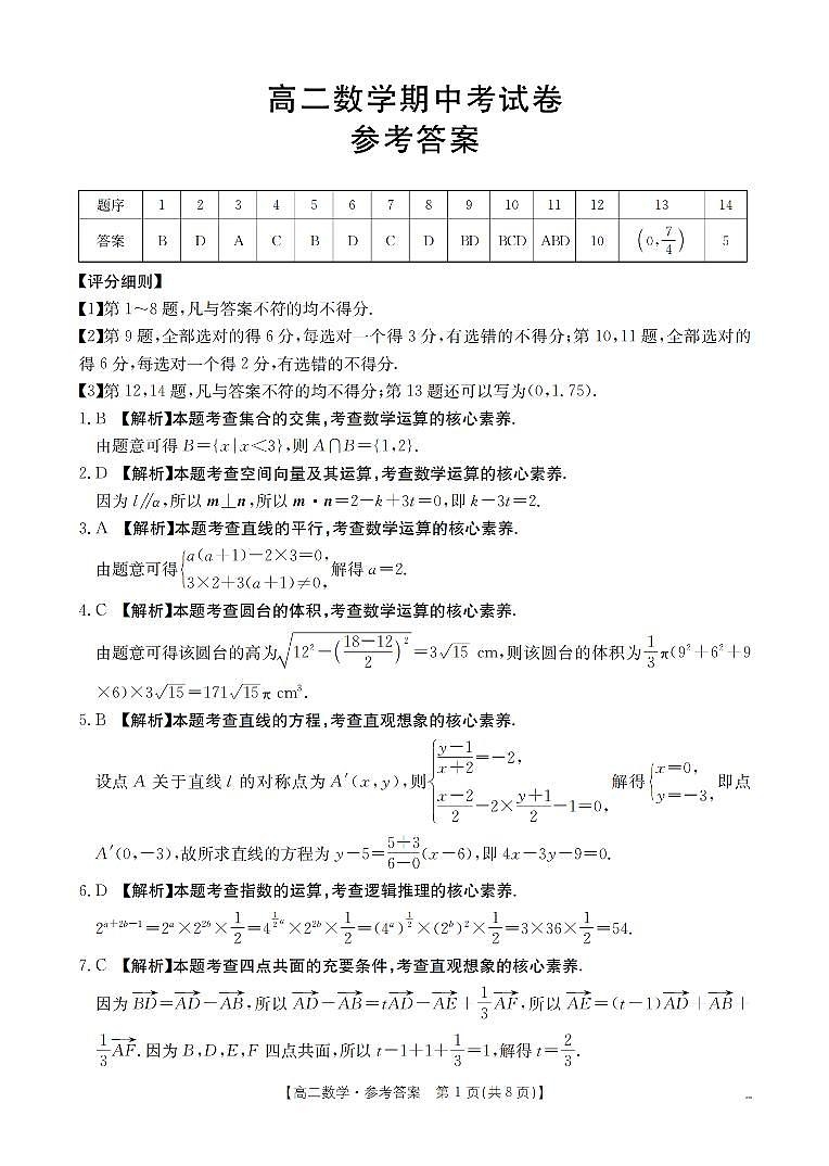 云南省2025-2026学年高二上学期期中考试（26-88B）数学答案第1页