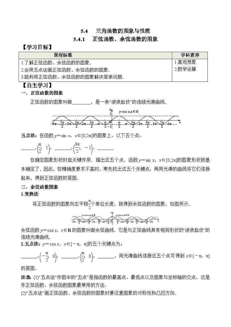 （人教A版）必修第一册高一数学上册同步学案5.4.1 正弦函数、余弦函数的图象第1页