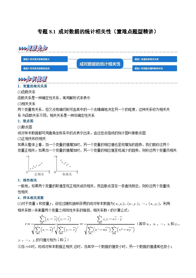 （人教A版）选择性必修三高中数学同步考点讲与练专题8.1 成对数据的统计相关性（原卷版）第1页