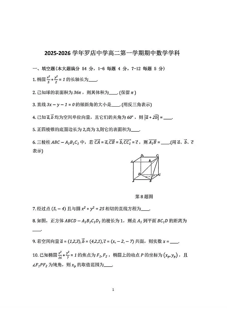 上海市罗店中学2025-2026学年高二上学期期中考试数学试卷第1页