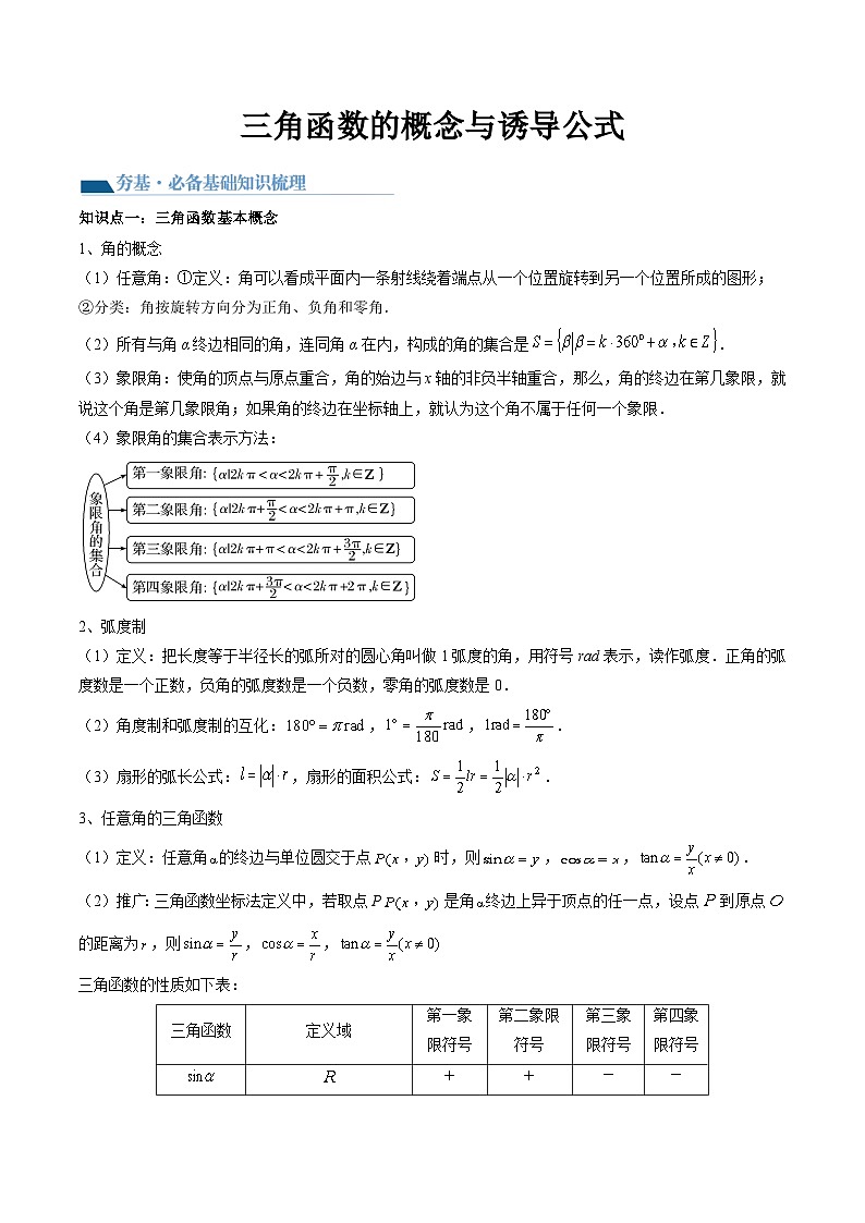 （人教A版）必修第一册高一数学上册同步考点讲与练 三角函数的概念与诱导公式 +随堂检测（原卷版）第1页