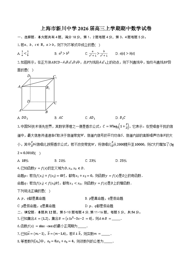 上海市新川中学2026届高三上学期期中数学试卷（含答案）第1页