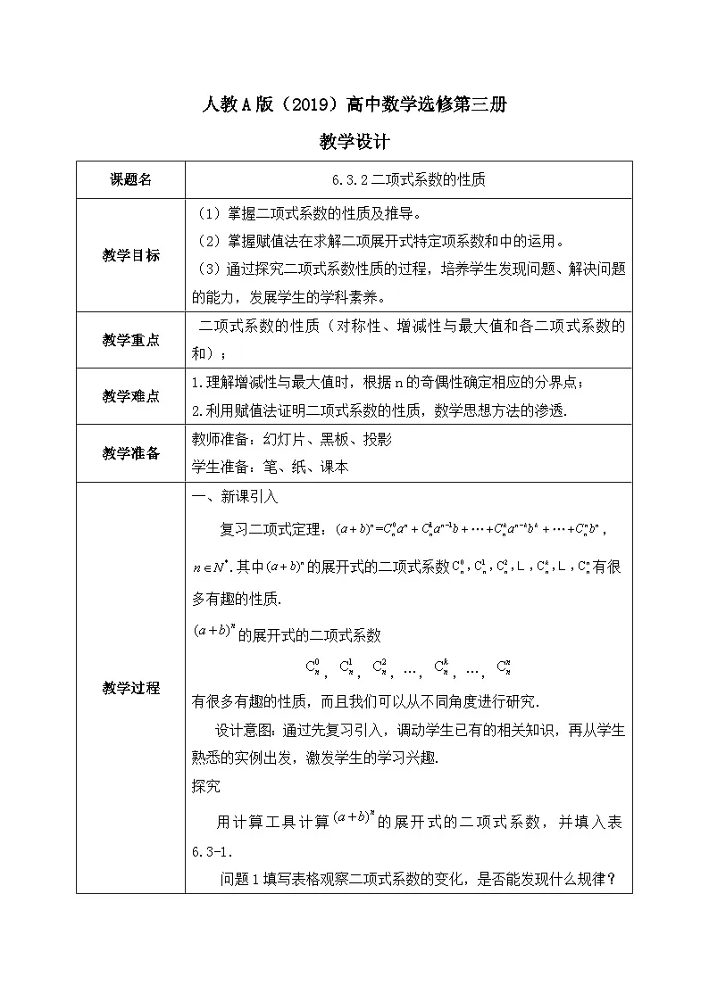 6.3.2二项式系数的性质（教学设计）第1页