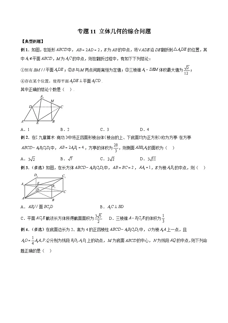 （人教A版）必修第二册高一数学下学期期末复习训练专题11 立体几何的综合问题（原卷版）第1页