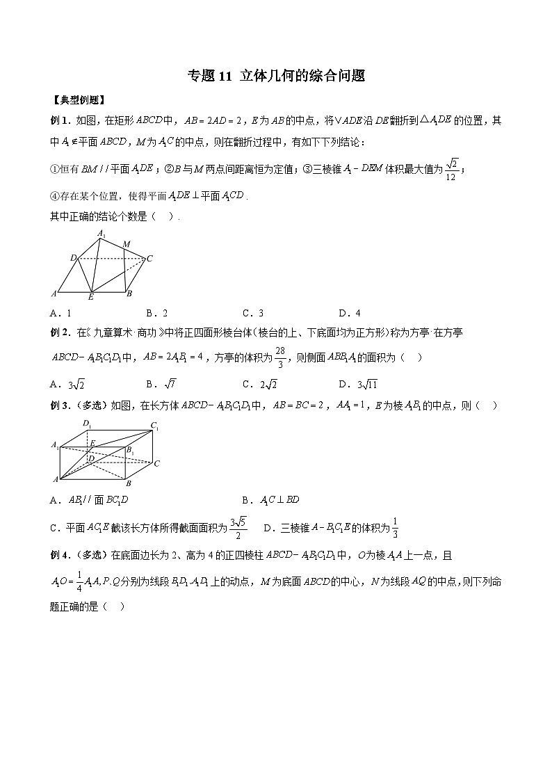 （人教A版）必修第二册高一数学下学期期末复习训练专题11 立体几何的综合问题（原卷版）第1页