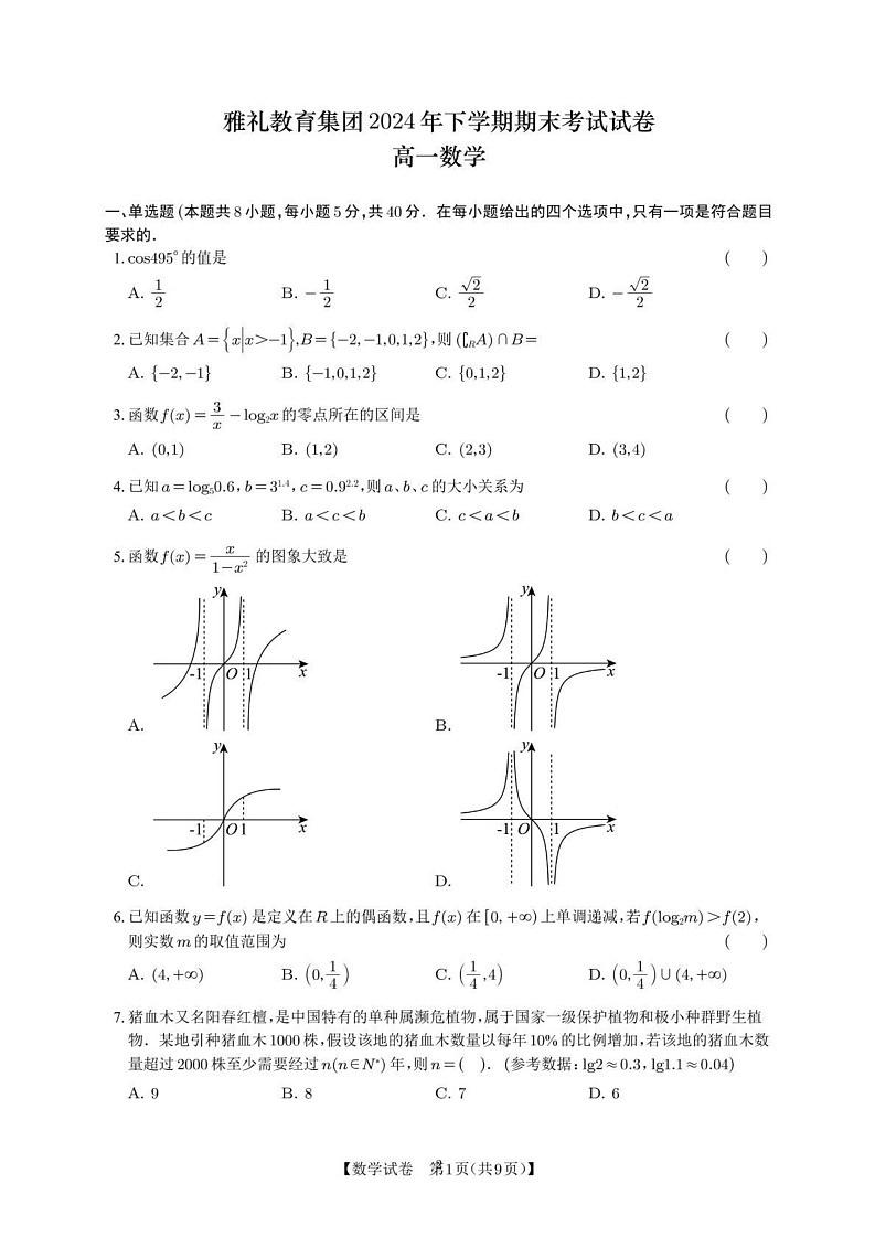 湖南省长沙市雅礼教育集团2024-2025学年高一下学期期末考试数学试卷第1页