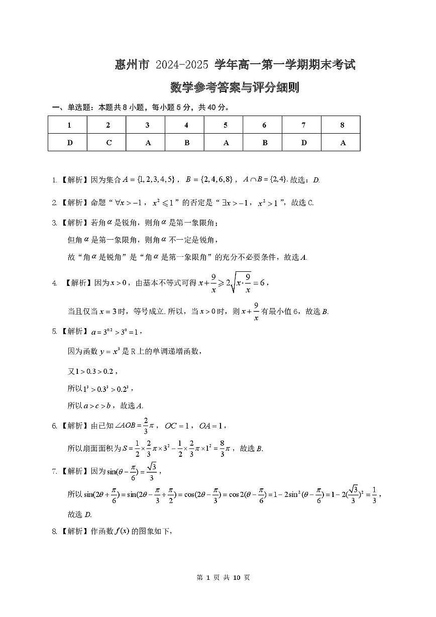 高一数学答案参考答案-惠州市2024-2025学年第一学期期末质量检测高一数学第1页